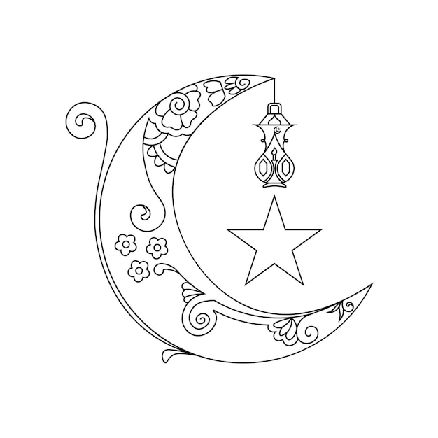 moon with flower decoration elements floral outline vector line drawing elements