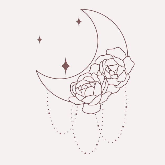 Moon with peonies line minimalistic vector boho art