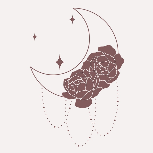 Moon with peonies line minimalistic vector boho art