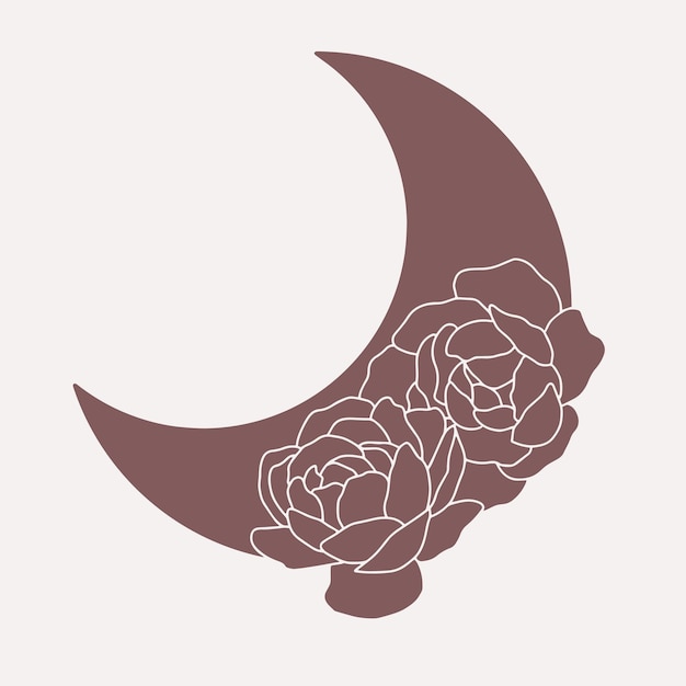 Moon with peonies line minimalistic vector boho art