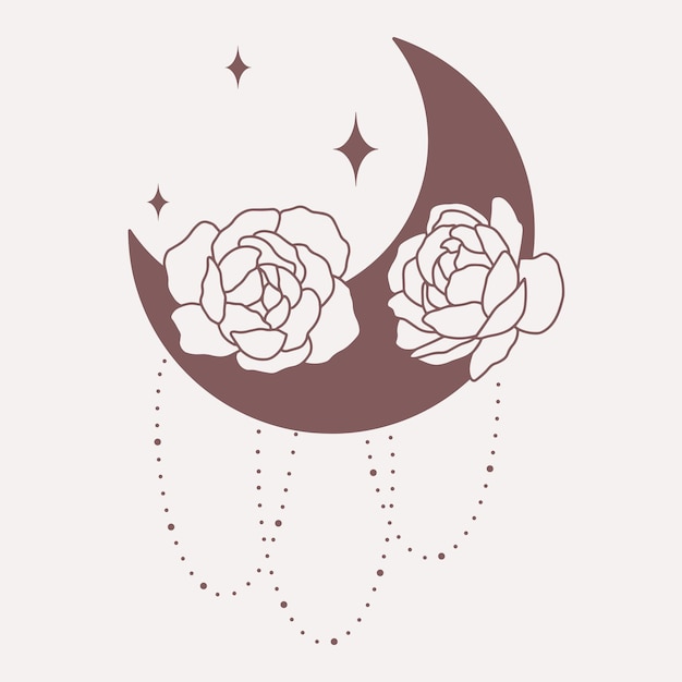 Moon with peonies line minimalistic vector boho art