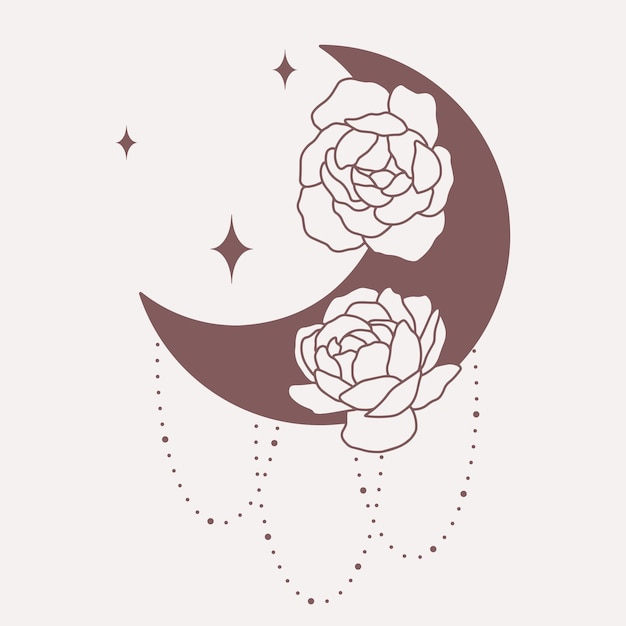 Moon with peonies line minimalistic vector boho art