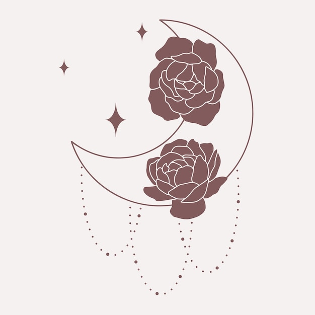 Vector moon with peonies line minimalistic vector boho art