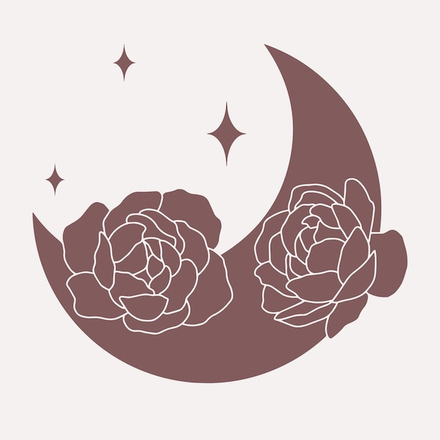 Moon with peonies line minimalistic vector boho art