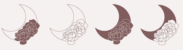 Moon with peonies line minimalistic vector boho art