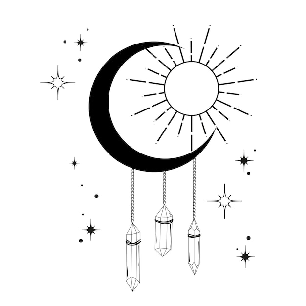 Moon with precious crystals on chains stars sun Diamonds cosmetics jewelry logo tattoo Esoteric