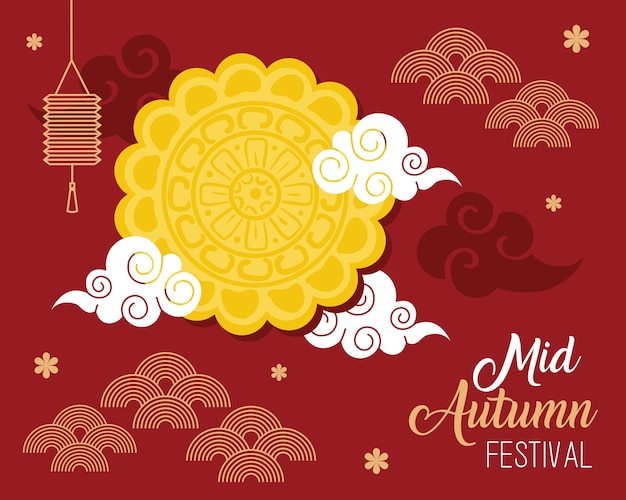 Mooncake with lantern and clouds design, Happy mid autumn harvest festival oriental chinese and celebration theme