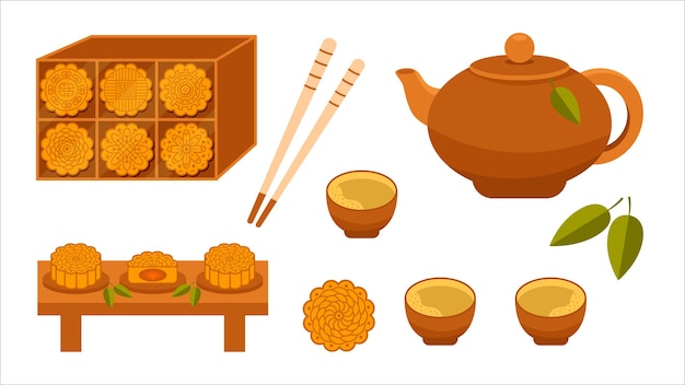 Mooncakes for Mid-Autumn Festival set. Traditional Chinese clay teapot and tea cups, chopsticks.