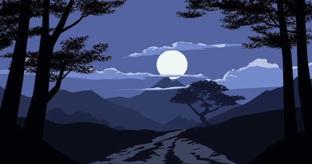 Moonlight over the mountain. Night scenery viewed from the dark forest.