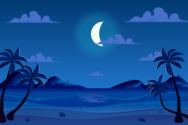 Moonlight night at seashore landscape   in flat cartoon style