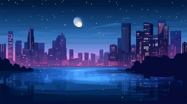 Vector moonlit cityscape panorama at night with reflecting lights