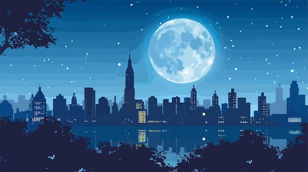 Vector moonlit skyline landscape view vector illustration