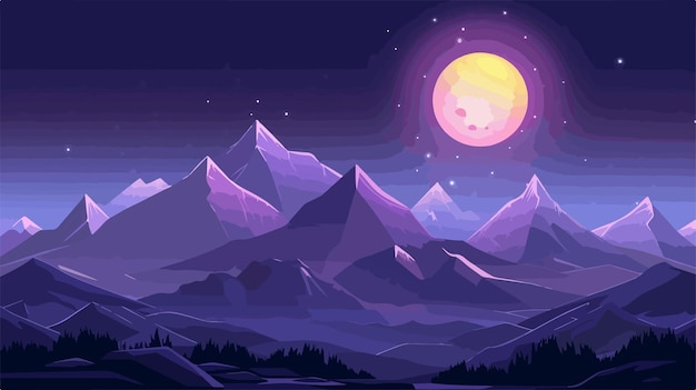 Vector moonrise over mountain landscape at night