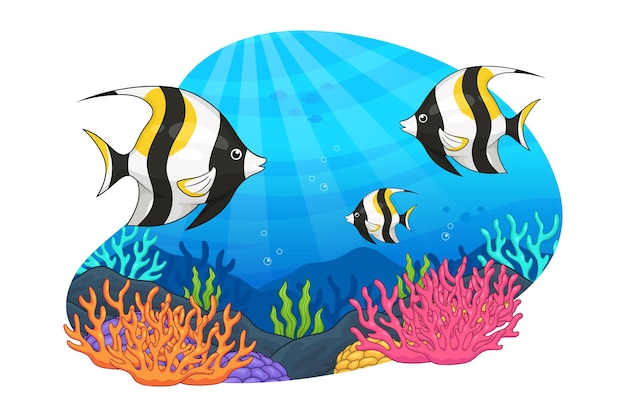 Moorish idol fish cartoon underwater ocean illustration design vector