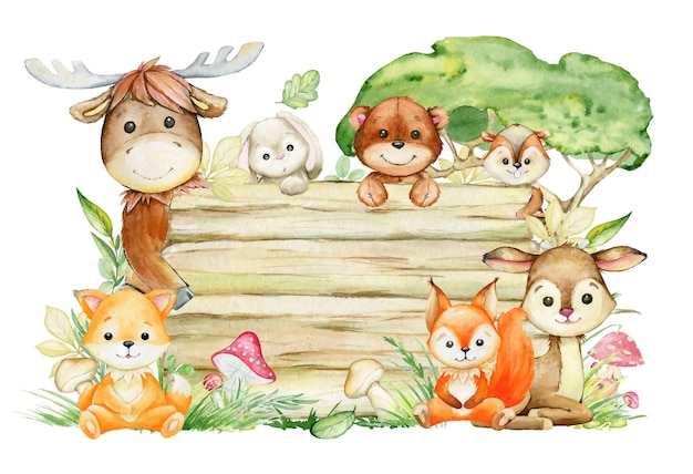 Moose deer bear rabbit squirrel fox chipmunk mushrooms wooden banner Watercolor clipart