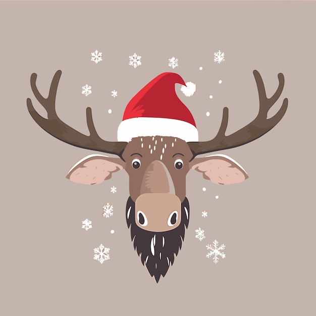 Vector moose face with a red santa hat