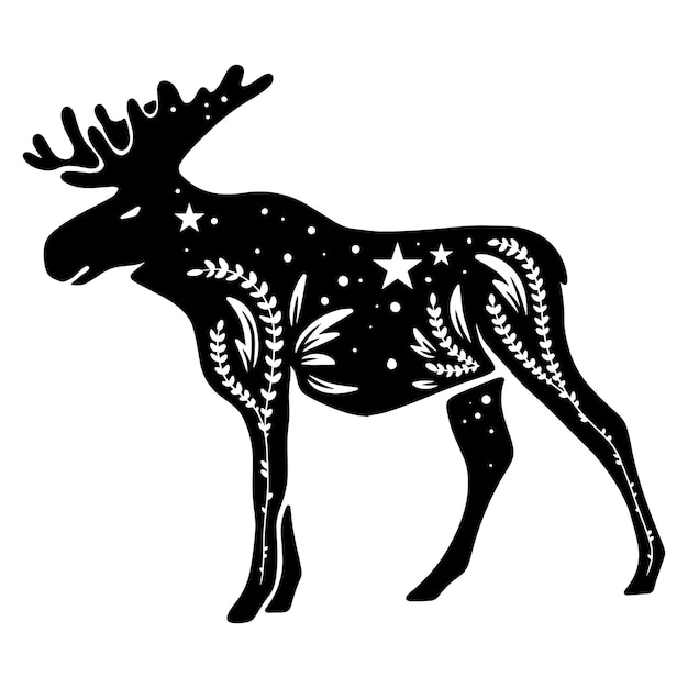 Moose. Forest animal with natural ornaments and the night sky inside them.