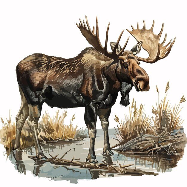 Vector a moose with antlers is standing in a swamp