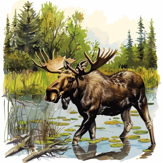 Vector a moose with a moose head and antlers is walking in a pond