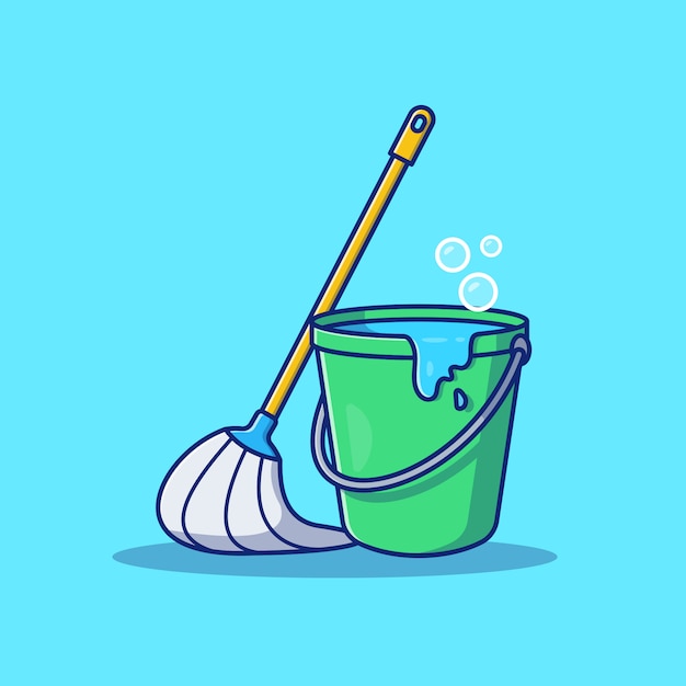 Mop And Bucket   Icon Illustration. Cleaning Tool Icon Concept Isolated  . Flat Cartoon Style