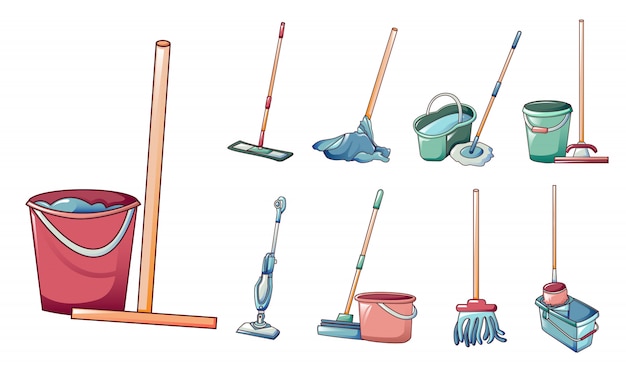 Mop icons set, cartoon style