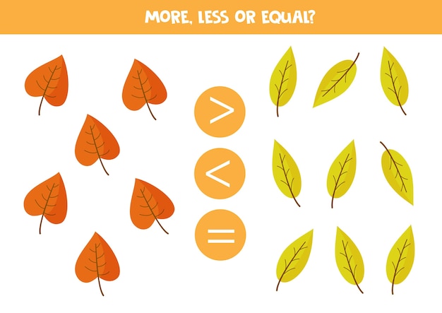 More, less, equal with autumn leaves. Educational math game for kids. Printable worksheet.