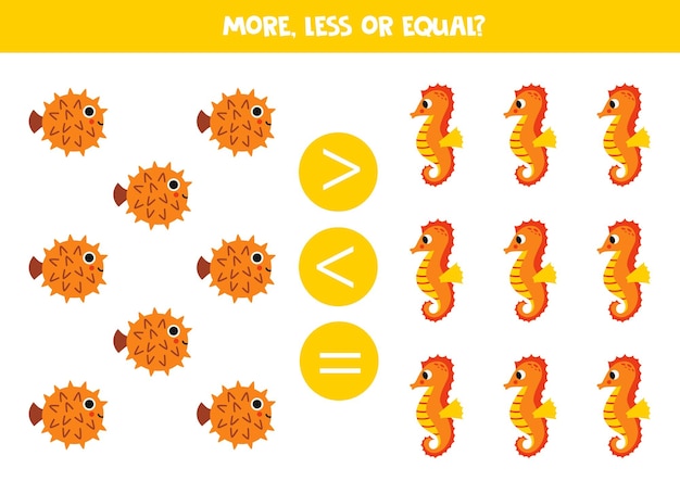 More less or equal with cartoon blowfish and seahorse