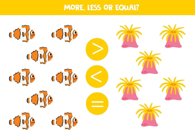 More less or equal with cartoon clownfish and sea anemone