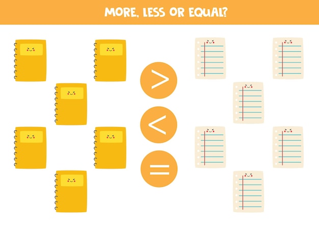 More less or equal with cartoon copybooks and sheets of paper