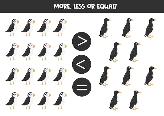 More less or equal with cartoon cute arctic birds