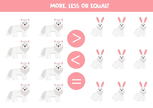 More less or equal with cartoon cute arctic fox and arctic hare