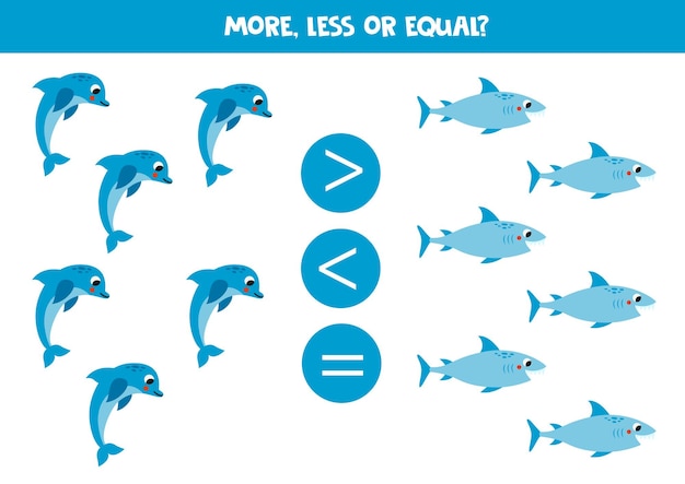 More less or equal with cartoon cute blue dolphin and shark