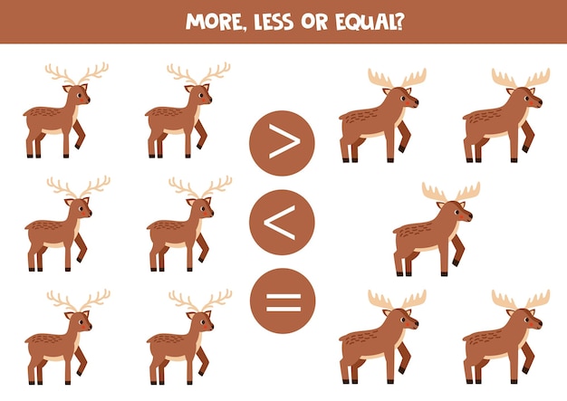 More less or equal with cartoon cute moose and deer