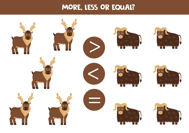 More less or equal with cartoon cute muskox and moose