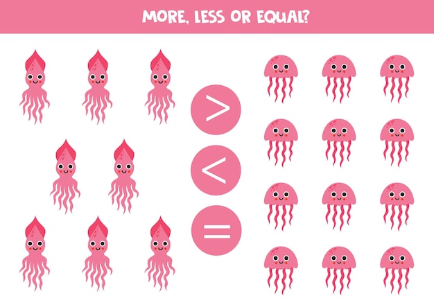 More less or equal with cartoon cute pink jelly fish and squid