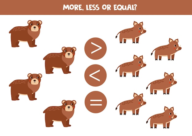 More less or equal with cartoon cute woodland animals