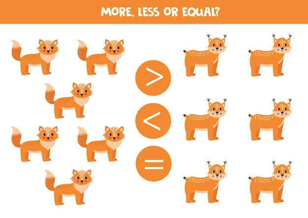 More less or equal with cartoon cute woodland animals