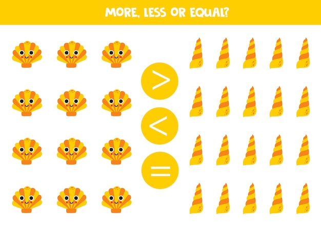 More less or equal with cartoon cute yellow seashells