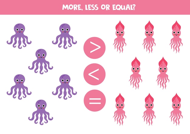 More less or equal with cartoon octopus and squid