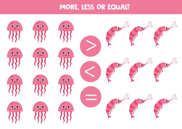 More less or equal with cartoon pink jelly fish and shrimps