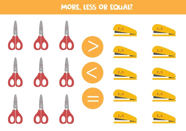 More less or equal with cartoon scissors and staplers