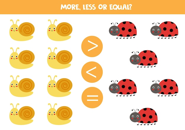 More less or equal with cartoon snails and ladybugs