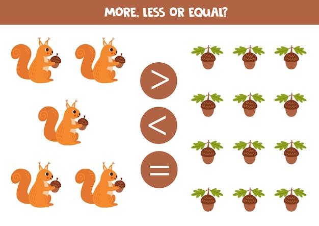 More less or equal with cartoon squirrels and acorns