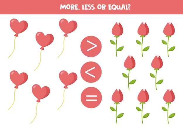 More less or equal with cartoon valentine day balloon and rose