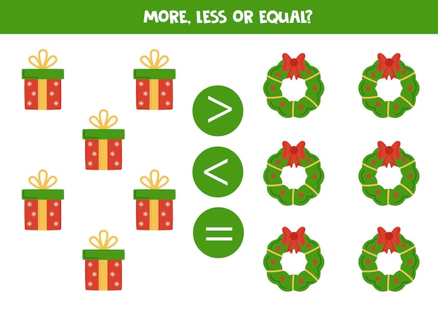 More less or equal with Christmas present and wreaths