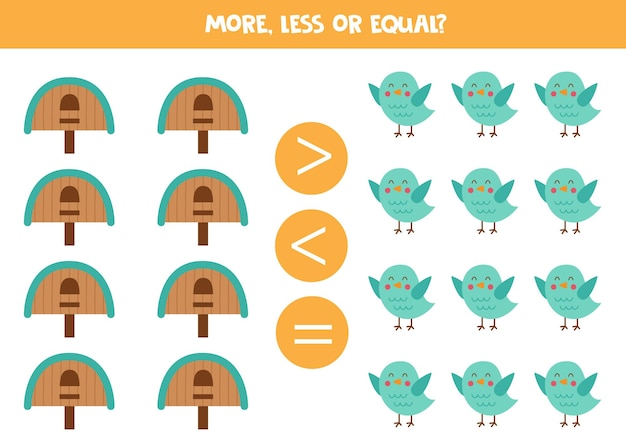 More less or equal with cute cartoon birds and birdhouses