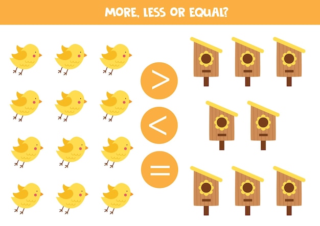 More less or equal with cute cartoon birds and birdhouses