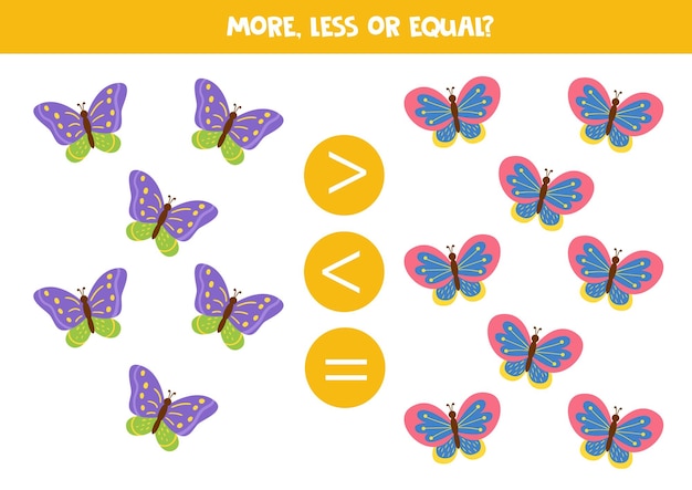 More less equal with cute cartoon butterflies Math game for kids