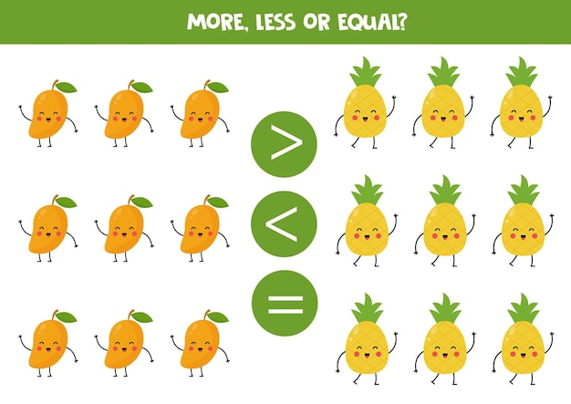 More less or equal with cute cartoon mango and pineapple