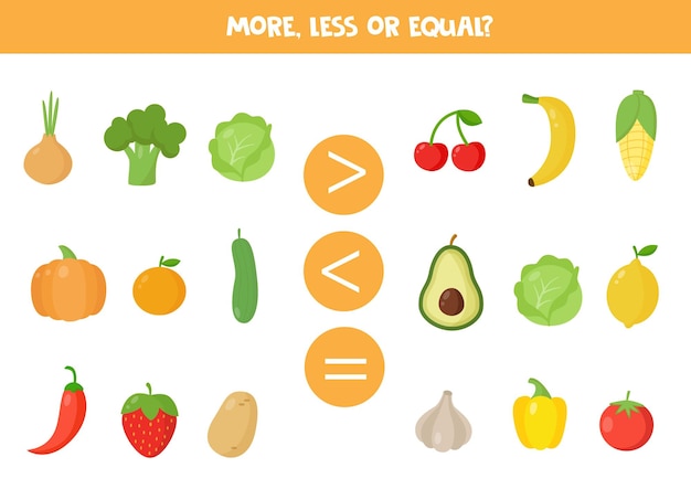 More less or equal with cute cartoon vegetables and fruits